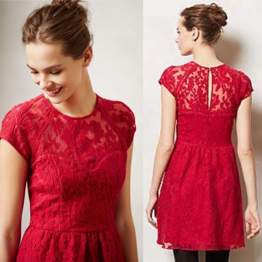 Anthropologie Taisia Red Lace Cap Sleeve Dress